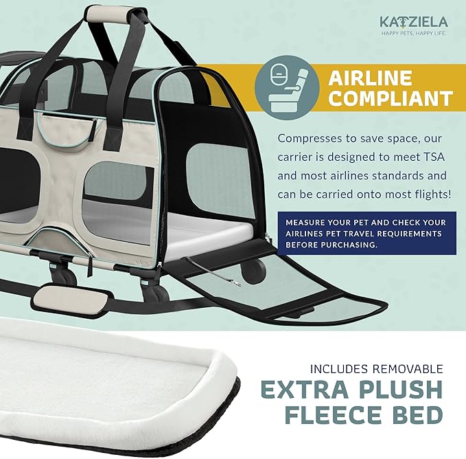 Katziela Pet Carrier - Airline Compliant Dog Carrier - TSA Approved Pet Carrier for Small Dogs and Cats - Soft FAA Travel Airplane Dog Carrier Luggage (Light Grey/Blue-Pro)