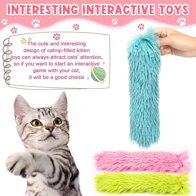 Civaner 6 Pcs 10.6 Inch Cat Catnip Toy Cat Kicker Interactive Soft Plush Kitten Toy Pillow Stick Kitten Chasing Chewing Exercising Catnip Filled Plaything for Puppy Indoor (Grass Green, Blue, Pink)