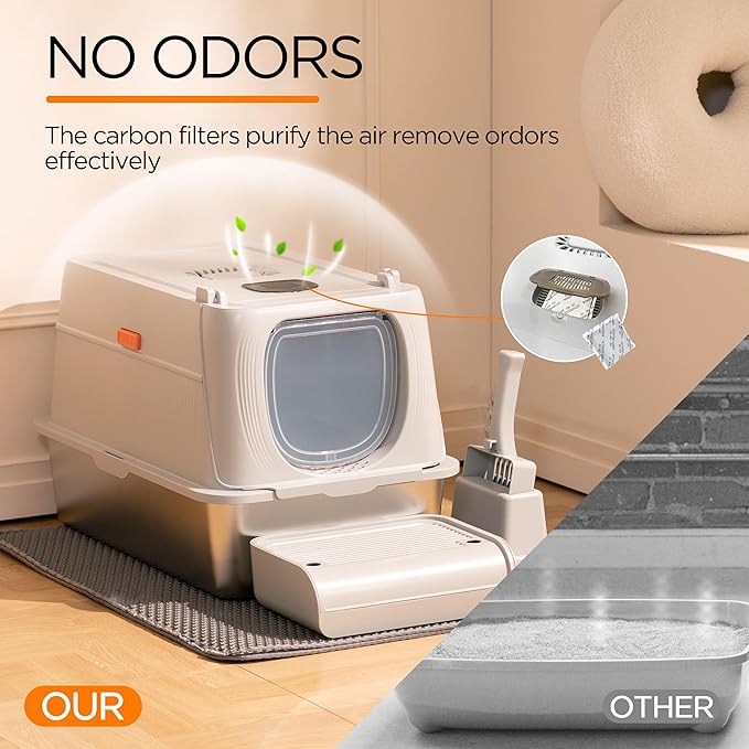 Citylife Stainless Steel Cat Litter Box with Lid，XL Extra Large Enclosed Removable Metal Litter Box with Litter Scoop&Double Layer Litter Mat,Non-Sticky，Non-Odor,Easy Cleaning, for Big Cats，Grey