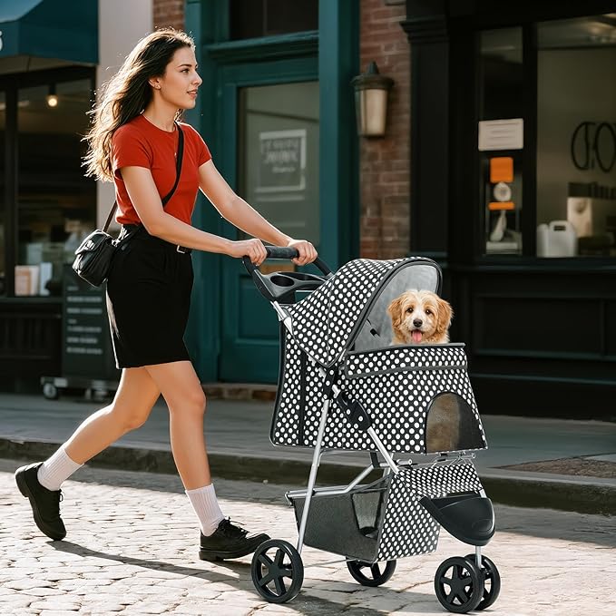 Cat Dog Stroller,3-Wheels Pet Stroller for Medium/Puppy Dogs 30 Lbs, Cat Strollers for 1 Cats, Foldable Dog Stroller with Storage Basket and Cup Holder, Breathable Mesh Black Polka Dots