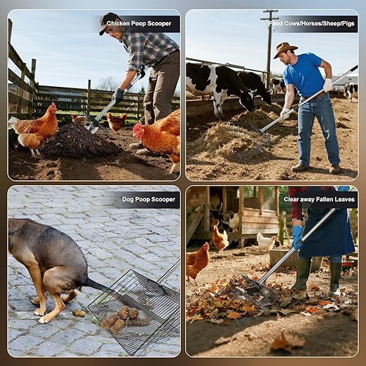 15-inch Large Chicken Poop Scooper with Ergonomic Grip, 5 in 1 Adjustable Chicken Coop Pooper Shovel, Sifting Litter Shovel Scoop for Dog Coop/cowshed‌/Sheep Pen/Pigsty/Stable Cleaning/‌Feed hay