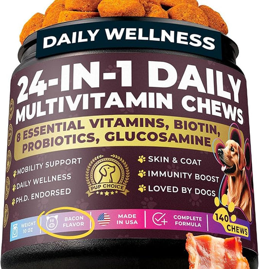24-in-1 Complete Multivitamin Treats for Dogs – 8 Vitamins, Biotin, Probiotics, Glucosamine – Daily Wellness, Immune Support, Skin & Coat, Mobility – 140 Treats – Bacon Flavor – Made in USA