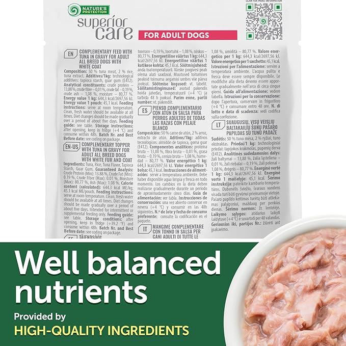 Nature's Protection Wet Dog Food Pouches for Small & Large Breed - High Protein, 24-Pack Soft Dog Food Toppers for Adult Light Coated Dogs (Superior Care - Tuna Fish, 2.46-oz)