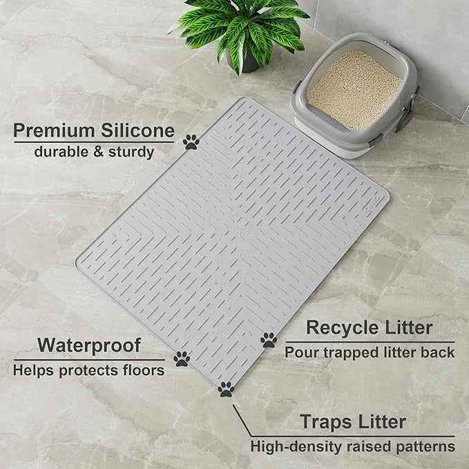 OHMO Cat Litter Mat Silicone Rubber 32x23.5 Formed by 2pc 23.5x16, Trapping Mats Waterproof and Non Slip Kitty Litter Catcher Box Mat, Washable Easy Clean