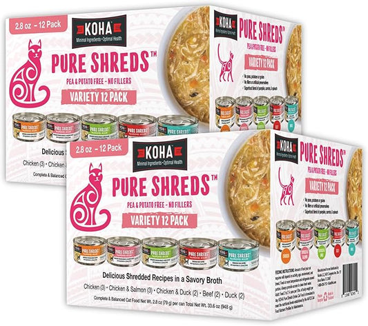 KOHA Pet Food Pure Shreds Cat Variety Pack, High Protein Wet Cat Food - 5 Flavors - Beef, Duck, Chicken & Duck and Chicken & Salmon Food for Cats - 2.8 oz Cans, Pack of 24