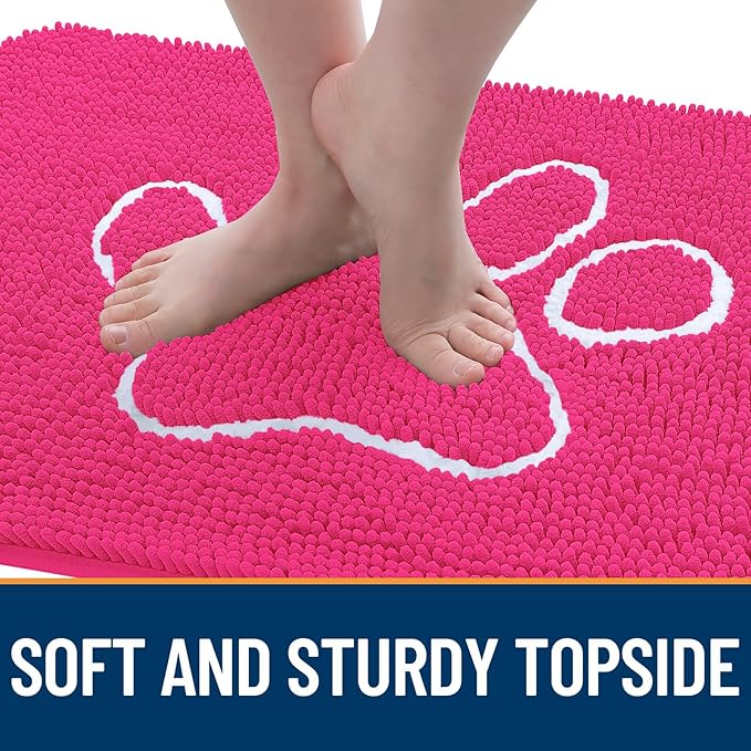 OLANLY Dog Door Mat for Muddy Paws 30x20, Paw Print Design, Absorbs Moisture and Dirt, Absorbent Non-Slip Washable Doormat, Quick Dry Chenille Mud Mat for Dogs, Entry Indoor Entryway Carpet, Hot Pink