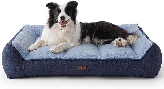 Bedsure Orthopedic Dog Beds Large Sized Dog - Extra Thick Supportive Large Dogs Bed with Waterproof Washable Cover, L Plus Comfort Pet Bed Sofa with Soft Plush Sherpa and Nonskid Bottom, Blue, 38"