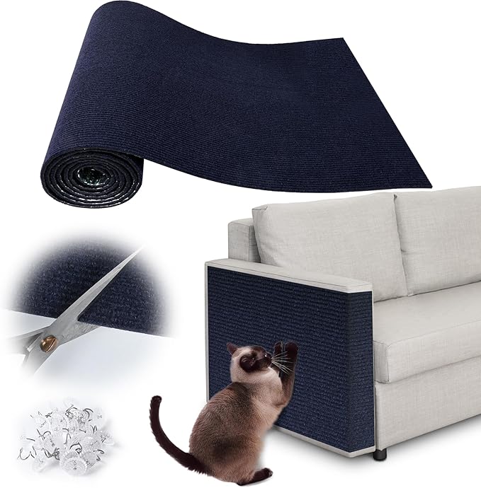 Cat Scratch Furniture Protector - 138" x 13.8" Trimmable Self-Adhesive Cats Claws Scratch Pads, DIY Cat Climbing Couch Protector for Scratch Post Cat Tree Replacement Indoor (Dark Blue)