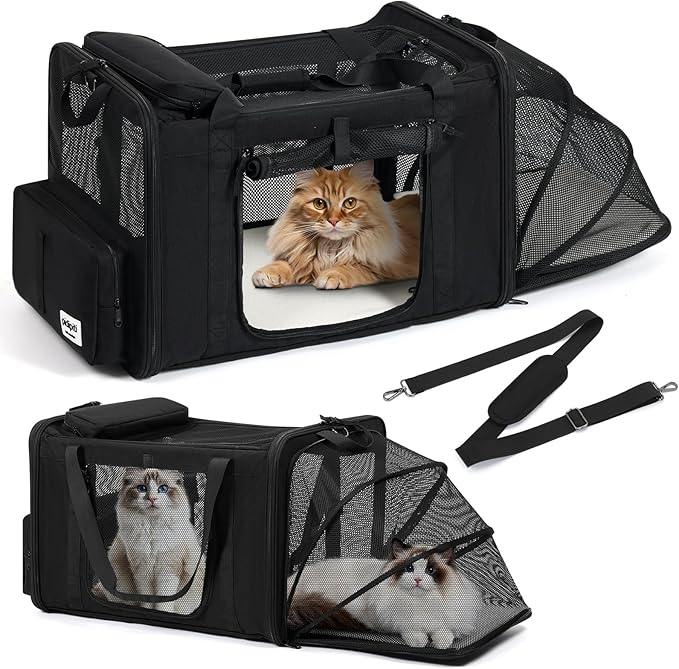 25''(L) x 17''(W) x 17''(H) Extra-Large Expandable cat Carrier for Long Distance car Travel,for 1 Extra-Large cat / 2 Large Cats / 3 Small-Medium Cats up to 35 lbs(Black)