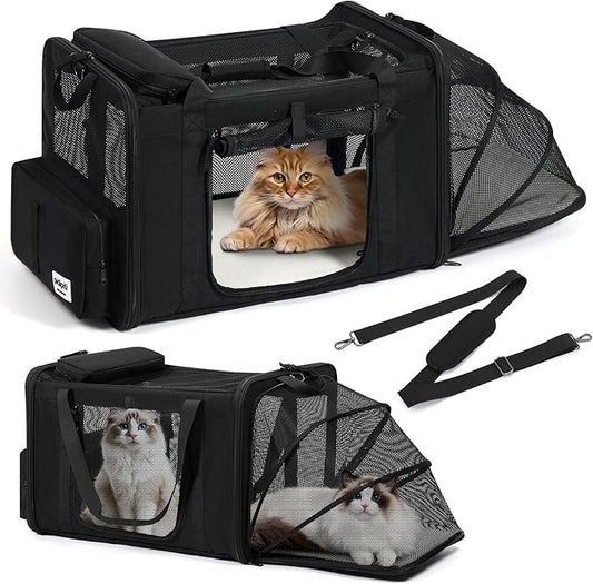 25''(L) x 17''(W) x 17''(H) Extra-Large Expandable cat Carrier for Long Distance car Travel,for 1 Extra-Large cat / 2 Large Cats / 3 Small-Medium Cats up to 35 lbs(Black)