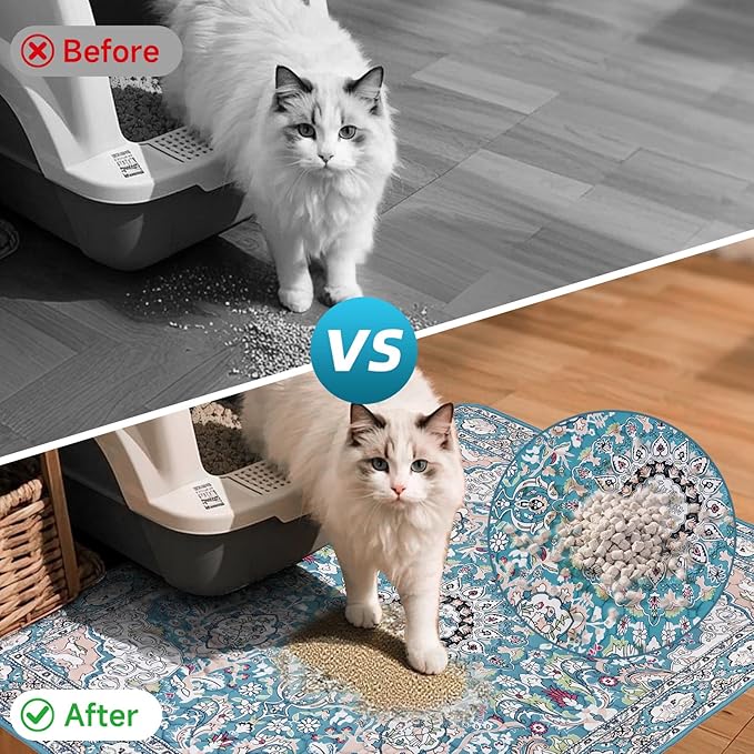 Cat Litter Mat, Reusable Kitty Litter Trapping Mat 2 PCs, 36"x36" Washable Litter Mats for Cats, Waterproof & Non-Slip Compatible with Cat Box (Lake Blue Medallion, 36"x36"(2 PCS))