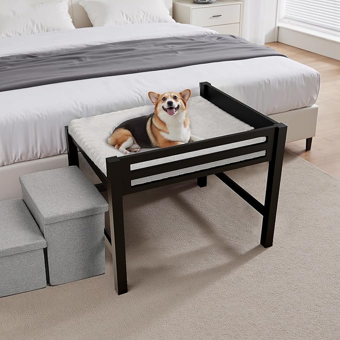 Bedside Dog Bed with Stairs，35×23 Wooden Elevated Dog Bed Cosleeper with Removable Mattress, Foldable 3-Step Stairs & Guardrail, Bassinet-Style Pet Bed for Medium Dogs