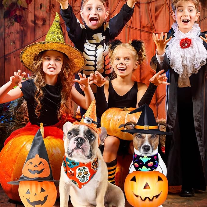 Newwiee 200 Pcs Halloween Dog Bandanas Bulk for Dogs Adjustable Triangle Bibs Scarf Halloween Pumpkin Bat Skull Ghost Spider Pet Costumes Scarf Holiday Accessories for Large Dog Puppy
