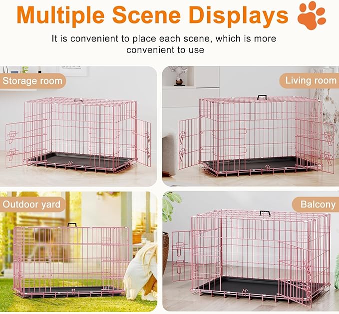 FDW 30inch Dog Crate Pet Cage with Metal Folding Design Plastic Tray Indoor Outdoor Dog Kennel Cage for Small and Medium Dogs,Pink