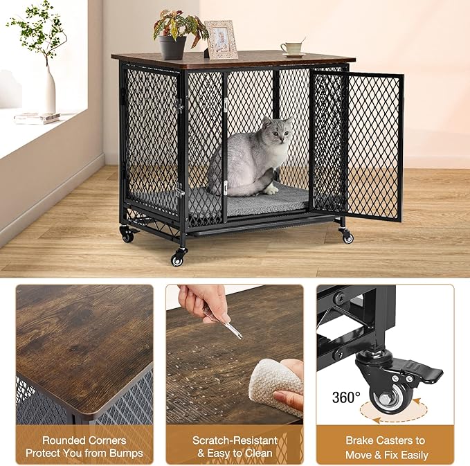 Dog Crate Furniture with Cushion, Wooden Dog Crate Table, Modern Kennel for Dogs Indoor, Heavy-Duty Dog Cage with Multi-Purpose Removable Tray, 27.2" L