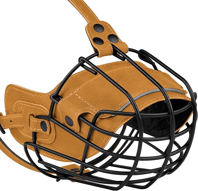 OOPSDOGGY Metal Pitbull Dog Muzzle Reflective Leather Mask Secure Wire Basket Muzzle for Large Sized Dogs Amstaff Soft Cage Muzzle to Prevent Biting Chewing with Adjustable Straps (Camel, Pitbull)