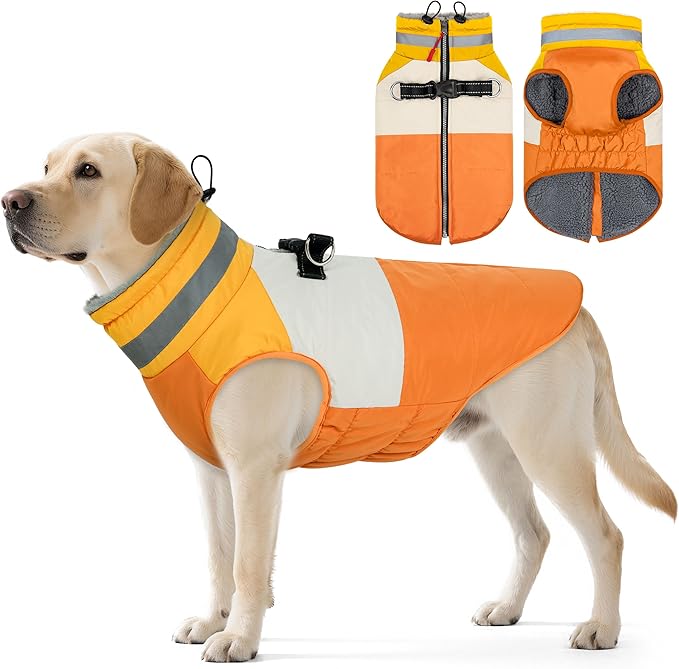 Dog Winter Coat, Reflective Dog Coats for Large Dogs, Waterproof Windproof Pet Clothes Jacket with Harness Built in, Warm Cold Weather Coats, Dogs Snowsuit Vest, Orange XX-Large