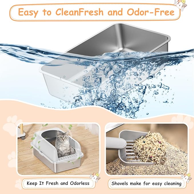 2 Pack Stainless Steel Litter Box, 24'' XL Extra Large Cat Litter Box with Lid, Metal Litter Boxes for Multiple Cats, Anti-Leakage,Non-Stick, Easy to Clean, Included Cat Litter Mat, Scoop