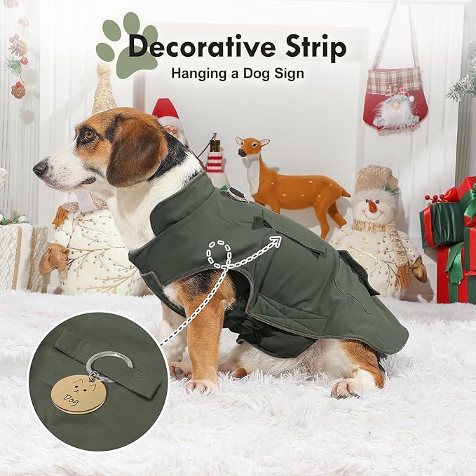 Workwear Style Dog Coats with Harness Built in for Small Dogs Windproof Warm Puppy Jacket with Storage Pockets for Cold Winter,Green L