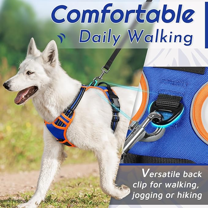 Eagloo Dog Harness for Large Dogs, No Pull Service Vest with Reflective Strips and Control Handle, Adjustable and Comfortable for Walking, No Choke Pet Harness with 2 Metal Rings, Blue & Orange, XL