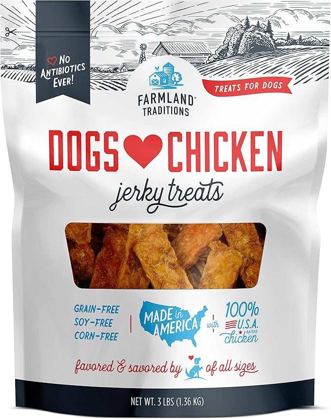 Farmland Traditions Dogs Love Chicken Jerky Dog Treats, Premium Two-Ingredient Dog Jerky with USA-Raised Chicken & No Antibiotics Ever, 3-Pound Bag