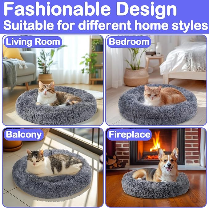 Cat Bed - Calming Cat Bed for Small Kittens Donut Washable Round for Indoor Kittens and Puppies, Anti-Slip Round Fluffy Plush Faux Fur,Large, Dark Blue