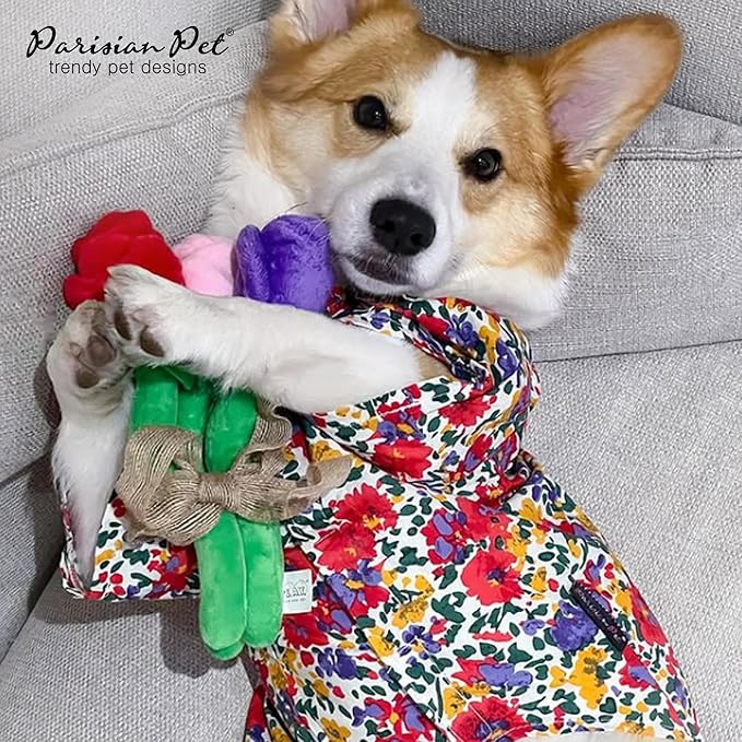 Parisian Pet Floral Printed Summer Dress - 100% Cotton Breathable Ruched Waist Dog Clothes - Beach Outfit - Cat Apparel - Dresses for Small Dogs Girl - 3XL