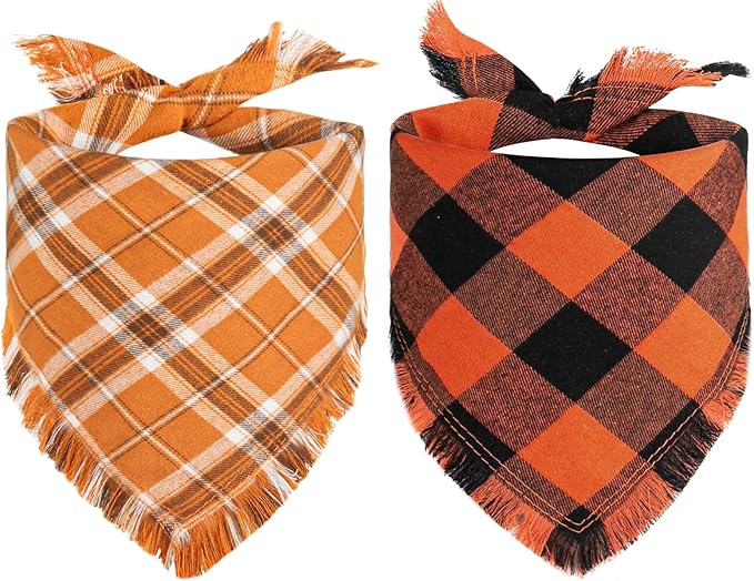 Kytely Fall Thanksgiving Dog Bandanas Large, 2Pack Christmas Halloween Classic Plaid Pet Scarf with Tassels Edges for Boy and Girl, Pet Apparel & Accessories Costume for Puppy Pets
