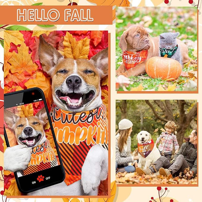 Preboun 200 Pcs Thanksgiving Dog Bandanas Bulk Dog Holiday Scarf Bibs Autumn Puppy Bandanas Adjustable Washable Kerchief Pet Costume Accessories Grooming Supplies for Small to Medium Cats