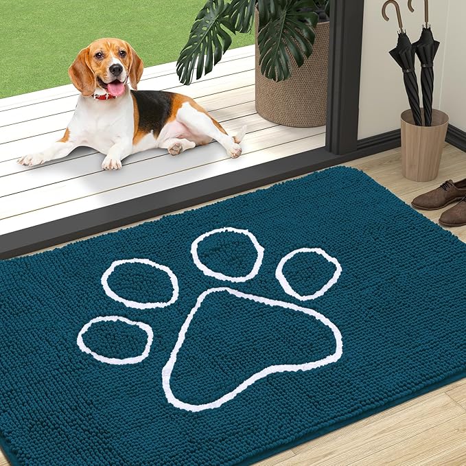 OLANLY Dog Door Mat for Muddy Paws 47x32, Paw Print Design, Absorbs Moisture and Dirt, Absorbent Non-Slip Washable Doormat, Quick Dry Chenille Mud Mat, Entry Indoor Entryway Carpet, Atlantic Blue