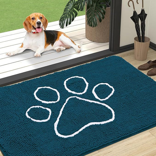 OLANLY Dog Door Mat for Muddy Paws 47x32, Paw Print Design, Absorbs Moisture and Dirt, Absorbent Non-Slip Washable Doormat, Quick Dry Chenille Mud Mat, Entry Indoor Entryway Carpet, Atlantic Blue