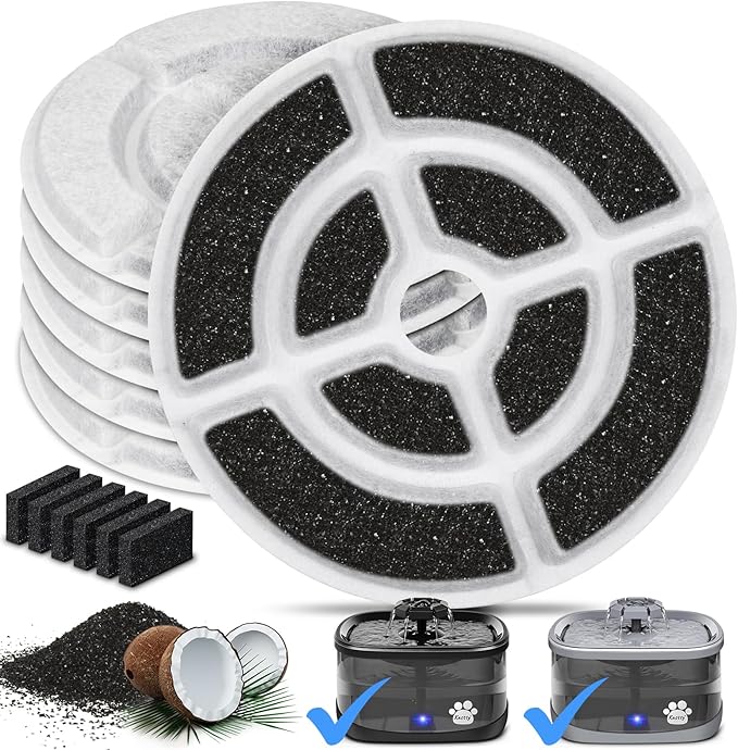Kastty 6 Pack 18CM Larger More Activated Carbon Replacement F-ilters for 9L Large Dog Water Fountains, Food Grade, Made of Coconut Activated Carbon and PP Cotton, 6 + 6 P ump F ilters