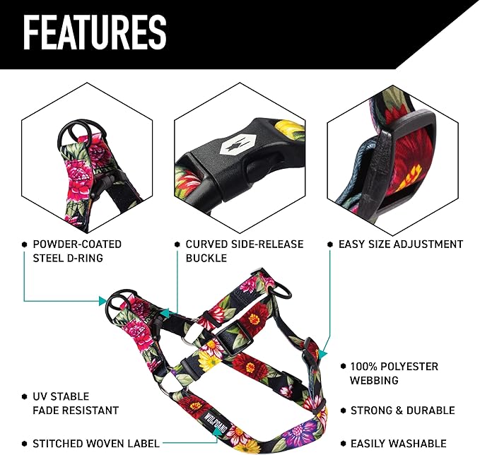 Wolfgang Heavy Duty Adjustable Dog Harness, Pull-Tested to Over 800 lbs for Walking & Training, DarkFloral Print, Medium