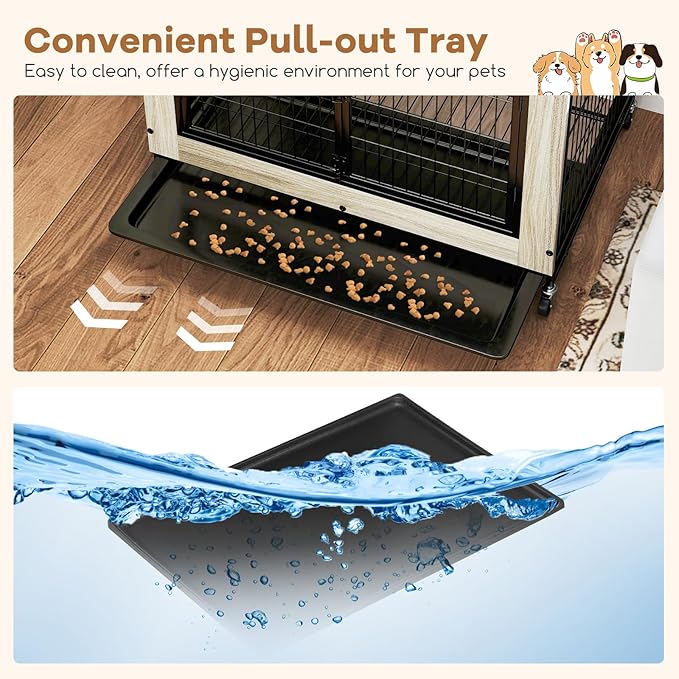 Giantex Dog Crate Furniture with Storage Shelves, 38" Furniture Style Indoor Dog Kennel on Wheels, 3 Doors, Flip Top Lid, Removable Pull-Out Tray, Dog Cage Pet House for Large Dogs, Oak Gray