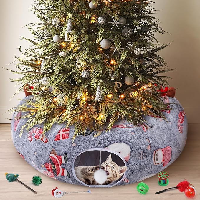 Christmas Cat Tunnel Bed with 8 Cat Toys Fluffy Plush Dog Tunnel Bed with Washable Cushion and Dangling Balls 3FT Multifunctional Playground for Small Medium Large Rabbit(Snowman,Gray)