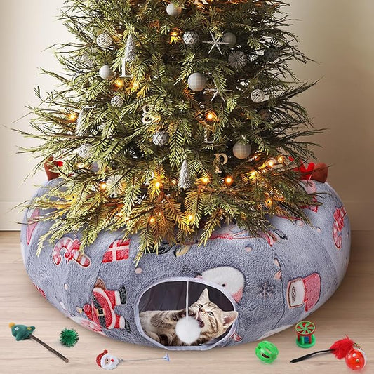 Christmas Cat Tunnel Bed with 8 Cat Toys Fluffy Plush Dog Tunnel Bed with Washable Cushion and Dangling Balls 3FT Multifunctional Playground for Small Medium Large Rabbit(Snowman,Gray)