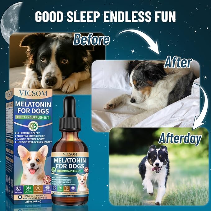 Liquid Melatonin for Dogs, Dog Melatonin with L-Theanine for Small Medium Large Dog Sleep Aid, Stress & Anxiety Relief, Calm Aid for Dogs Puppies, Support Relaxation & Deep Sleep, 60ml