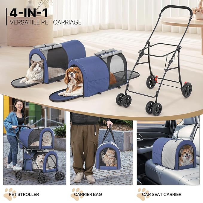 MoNiBloom Double Dog Stroller with Detachable Carrier Bags Large 4 Wheels Foldable Jogger for Small and Medium Dog Cats, Navy Blue/Gray