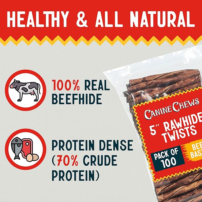 Canine Chews Small Rawhide Twists for Dogs - Pack of 100 5" Beef Flavored Rawhide Sticks for Small Dogs & Puppies - Protein Dense Beef Flavored Rawhides for Dogs - Natural Dog Rawhide Sticks