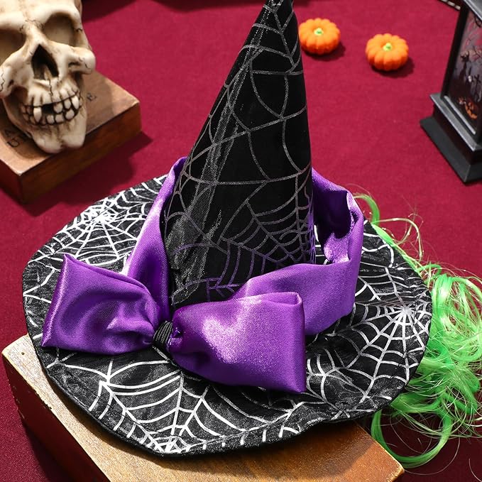 Halloween Witch Hat for Pet Cat Small Dog Puppy - Cat Witch Hat with Funny Wig - Black Polyester Cosplay Decor, Party Costume Accessory