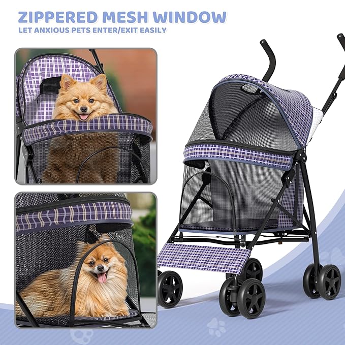 Magshion Compact Pet Stroller for Small-Medium Dogs/Cats up to 22lbs, 4-Wheel Lightweight Umbrella Shaped Portable Puppy Travel Jogger with Breathable Mesh, Cup Holder & Rear Storage, Plaid