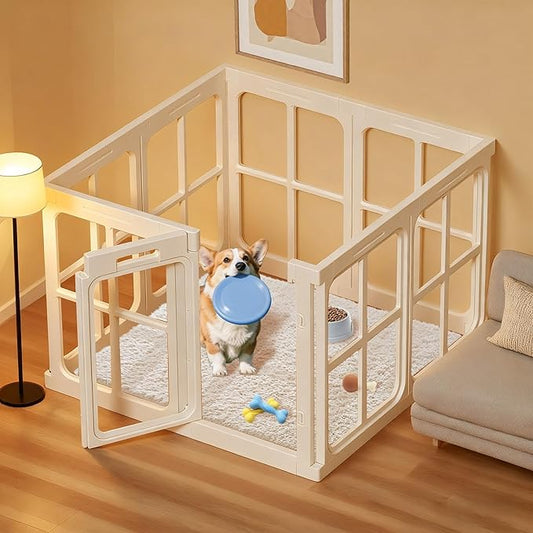 Clear Dog Playpen Indoor, 24" Acrylic Plastic Pet Play Pen with Door, Playpen for Puppy Cat Rabbit Ferret, Easy to Install Preferable Playpen for Small Dogs, Customizable, White 8 PCS