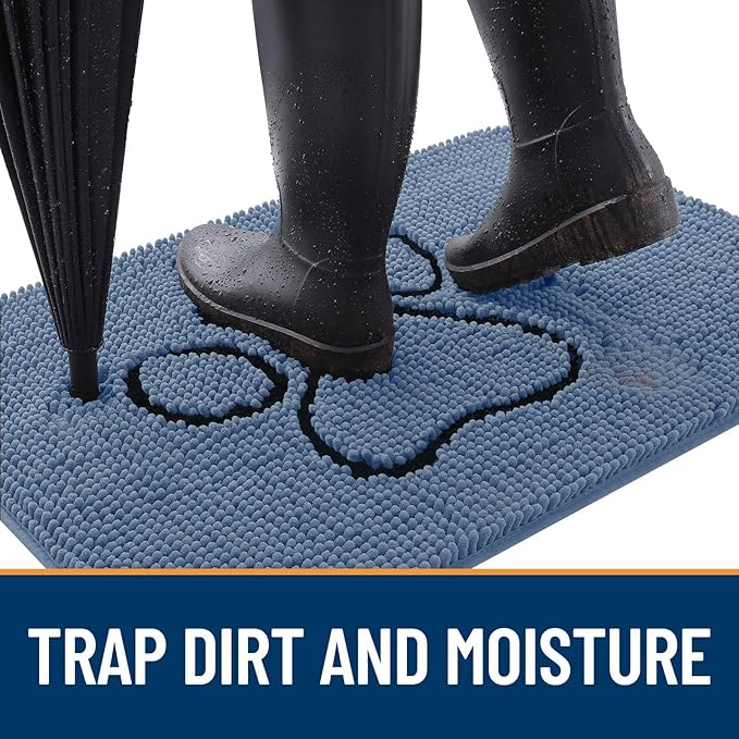 OLANLY Dog Door Mat for Muddy Paws 48x30, Paw Print Design, Absorbs Moisture and Dirt, Non-Slip Washable Doormat, Quick Dry Chenille Mud Mat, Entry Indoor Entryway Carpet, Airy Blue and Black