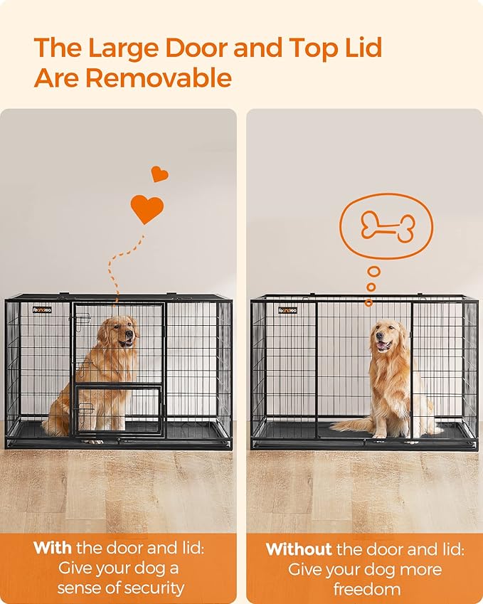 Feandrea 48 Inch Heavy Duty Dog Crate, Metal Escape Proof Dog Kennel with Double Doors and Convenient Feeding Door, Removable Tray, Easy to Clean, XXL Dog Crate for Large and Medium Dogs, Black