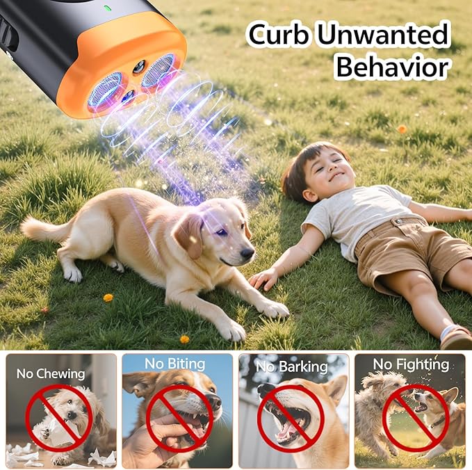Dog Bark Deterrent Devices - Portable Anti Barking Tool with 5 Adjustable Modes: 50FT Range Ultrasonic Whistle, LED Flashlight, Beep, Rechargeable Dog Trainer, Safe for Dog & Human, Indoor Outdoor Use
