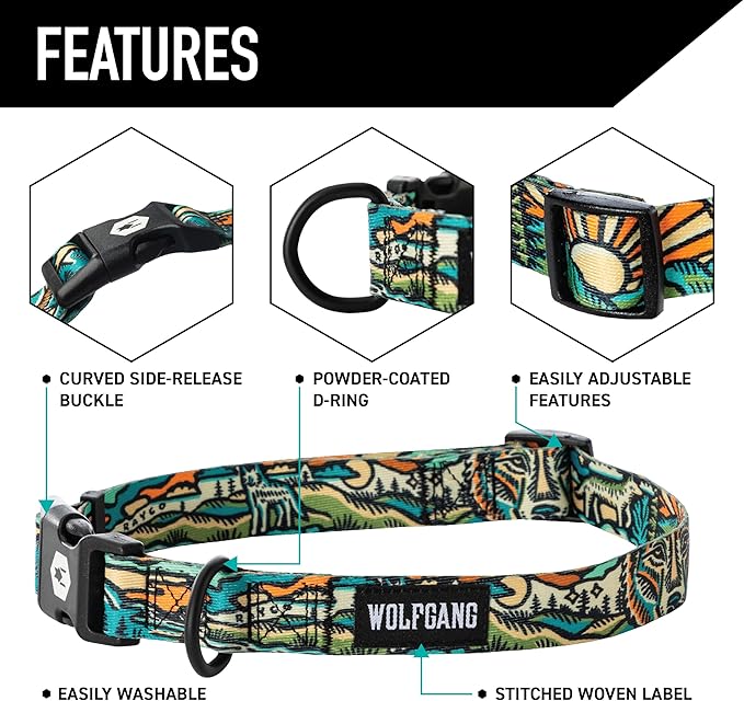 Wolfgang Heavy Duty Martingale Dog Collar with Quick Release Nylon Buckle for Walking & Training, WildWolf Print, Large