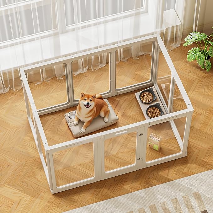 Jalove 30" H Clear Acrylic Plastic Dog Playpen Indoor, 10PCS for Puppy Cat Rabbit Ferret Transparent Pet Pen, Easy Assemble Whelping Crate Kennel Cage Enclosure, Ideal for Small to Medium Dogs, White