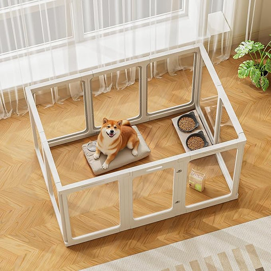 Jalove 30" H Clear Acrylic Plastic Dog Playpen Indoor, 10PCS for Puppy Cat Rabbit Ferret Transparent Pet Pen, Easy Assemble Whelping Crate Kennel Cage Enclosure, Ideal for Small to Medium Dogs, White