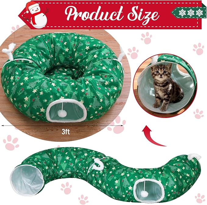 Christmas Cat Tunnel Bed with 8 Cat Toys Fluffy Plush Dog Tunnel Bed with Washable Cushion and Dangling Balls 3FT Multifunctional Playground for Small Medium Large Rabbit(Tree,Green)