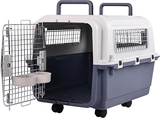 Elevon Plastic Kennels Pet Carrier Rolling Plastic Airline Approved Wire Door Travel Dog Crate, Medium (26.5" L x 20" W x 18.8" H)
